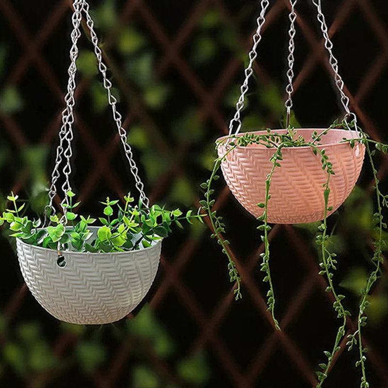 Balcony Chain Hanging Planters Flower Pot Basket Imitation Rattan Weaving