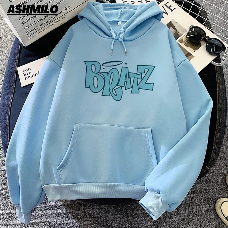 Kawaii Bratz Letter Print Hooded Sweatshirt Long Sleeve Hip Hop Streetwear Hooded Pullover Casual Top Loose Hoodie Letter Print