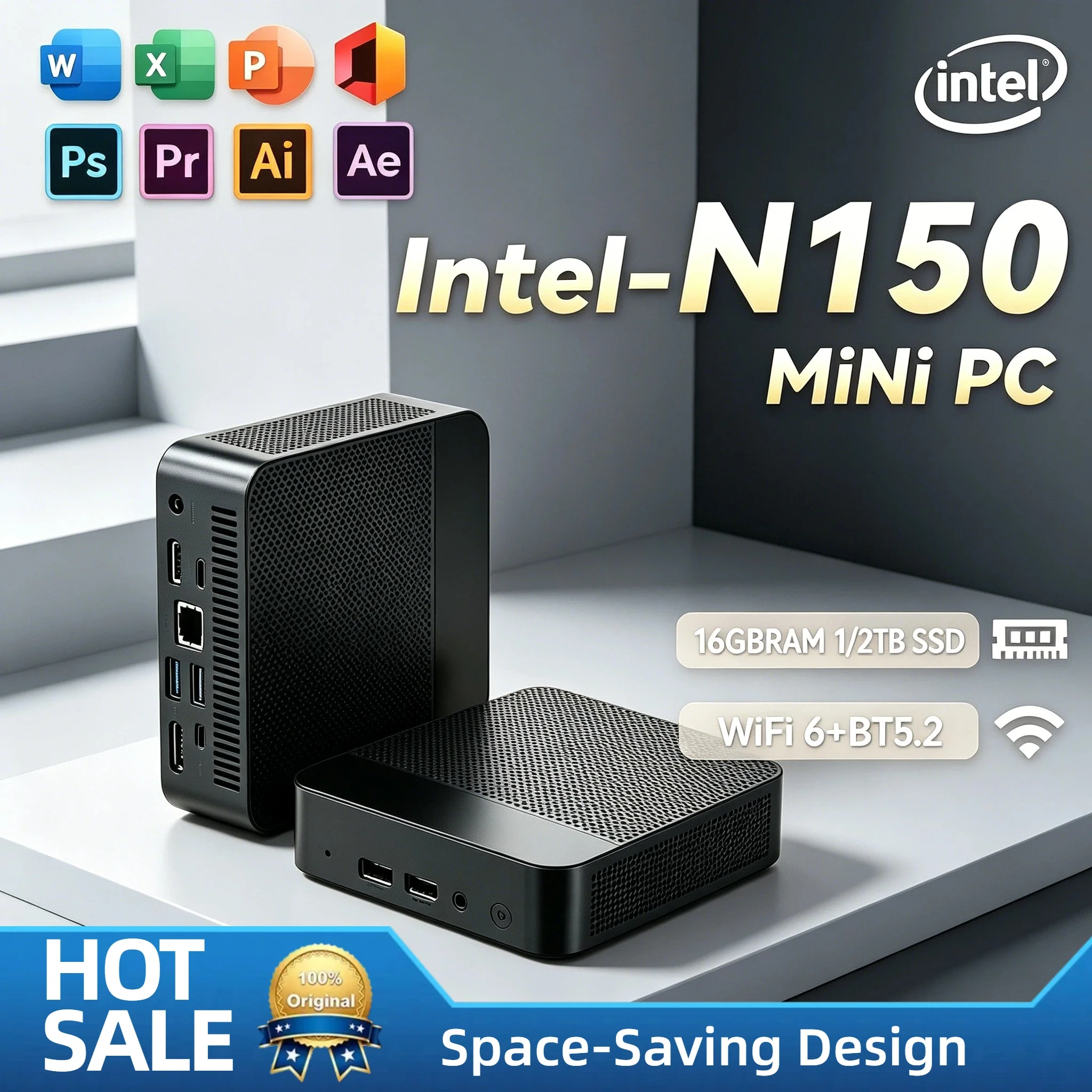 Intel N150 Mini PC 16GB DDR4 512GB M.2 SSD Triple 4K Display WiFi6 Silent Cooling Mini Desktop Home Office Multitask