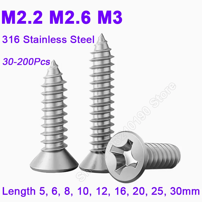 

M2 M2.2 M2.6 M3 Small 316 Stainless Steel Cross Recessed Phillips Countersunk Flat Head Self-tapping Screws Wood Screw L 5-30mm