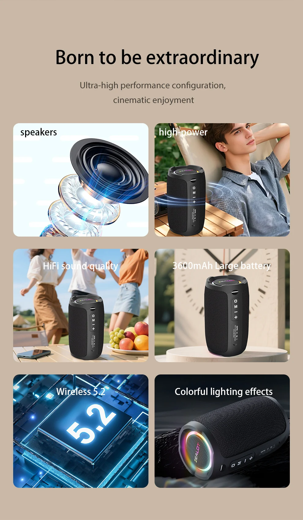 ZEALOT-S49 Tragbarer Bluetooth-Lautsprecher 360° Stereo-Sound 20W IPX6 Wasserdicht Kabelloser Bluetooth 5.2 Outdoor-Lautsprecher – Detail 5