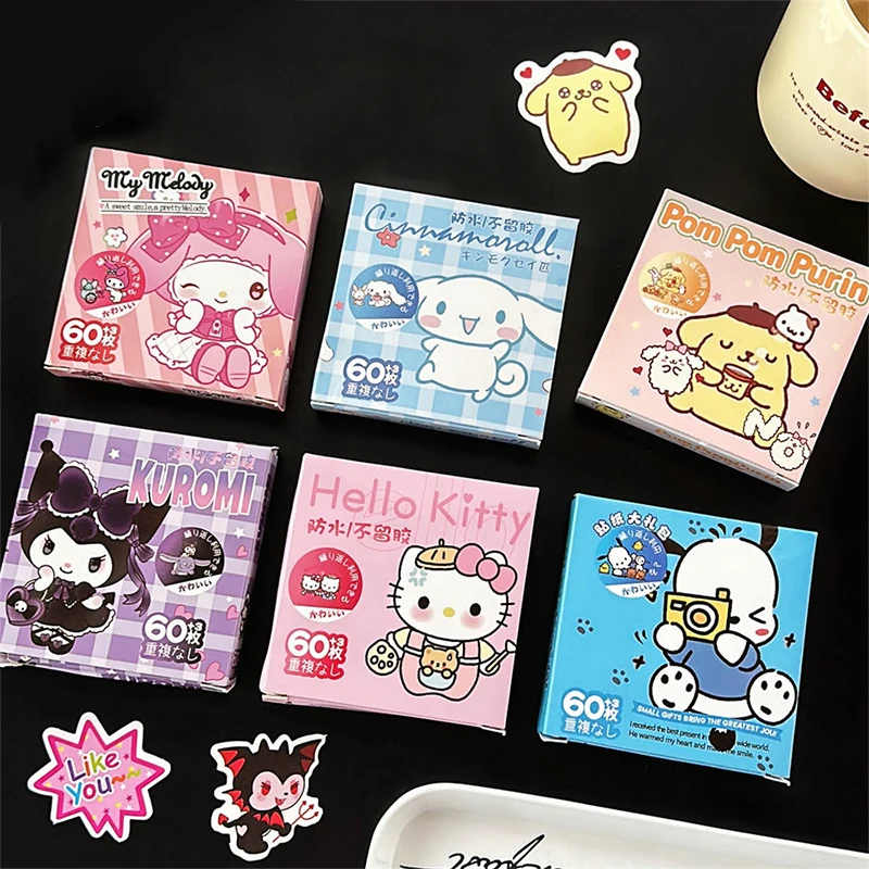 Pegatinas Kawaii Sanrio Hello Kitty Kuromi Cinnamoroll Pochacco DIY, calcomanía de cuenta de mano, pegatinas de sellado para hornear, 60 unids/lote por caja