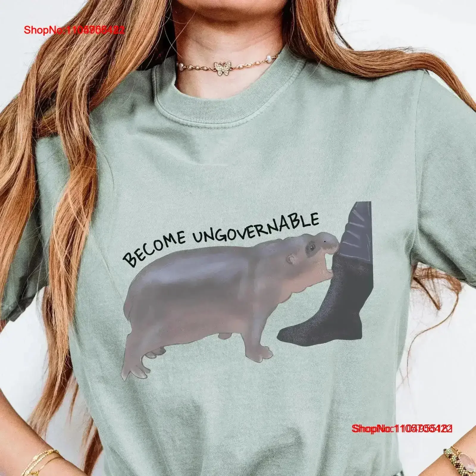 Become Ungovernable Hippo T Shirt Moo Deng Design Funny Animal Rebellious Meme Anti Authority Humor Top Biting vintage Washed