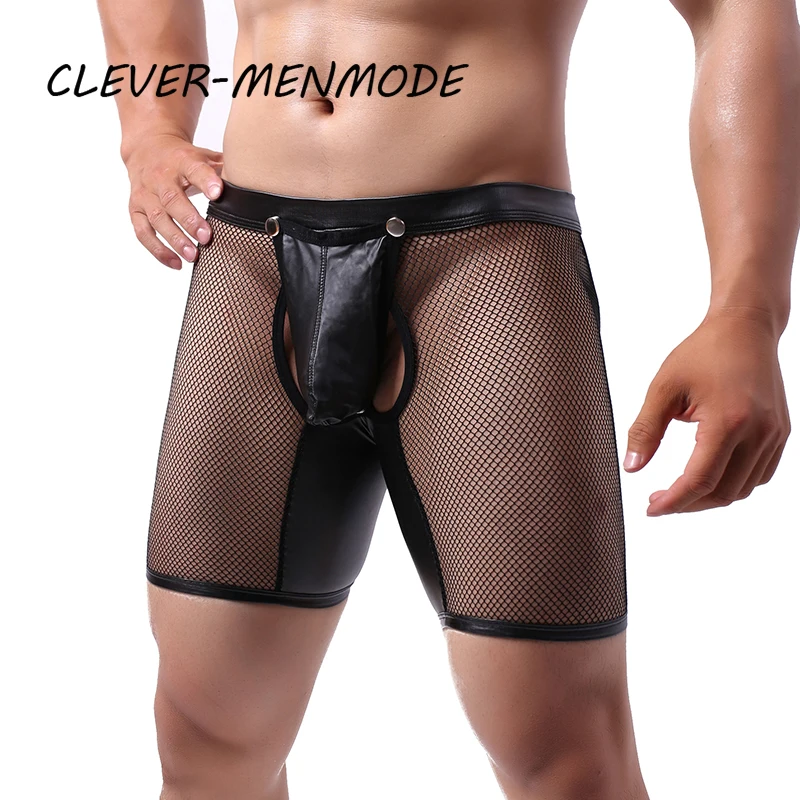 Calzoncillos bóxer para hombre Bolsa para el pene de PU extraíble Ropa interior sin entrepierna U Convex Open Butt Trunks See Through Mesh Exotic