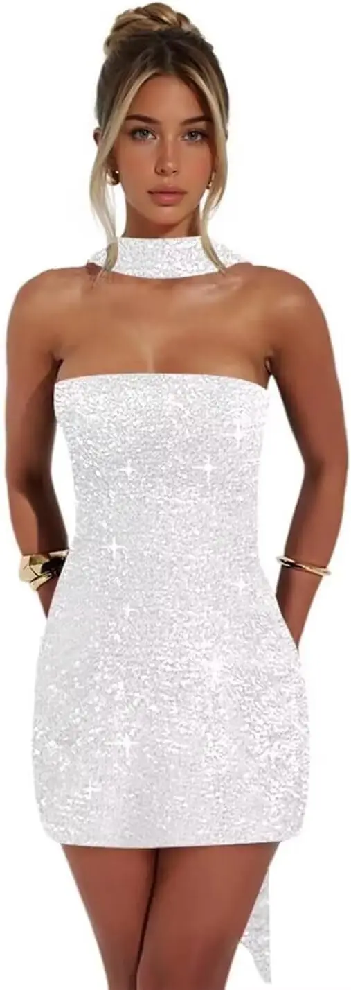 

Strapless Sequin Homecoming Dresses for Teens Short Tight Cocktail Party Gowns Bodycon Mini Formal Dress with Scarf