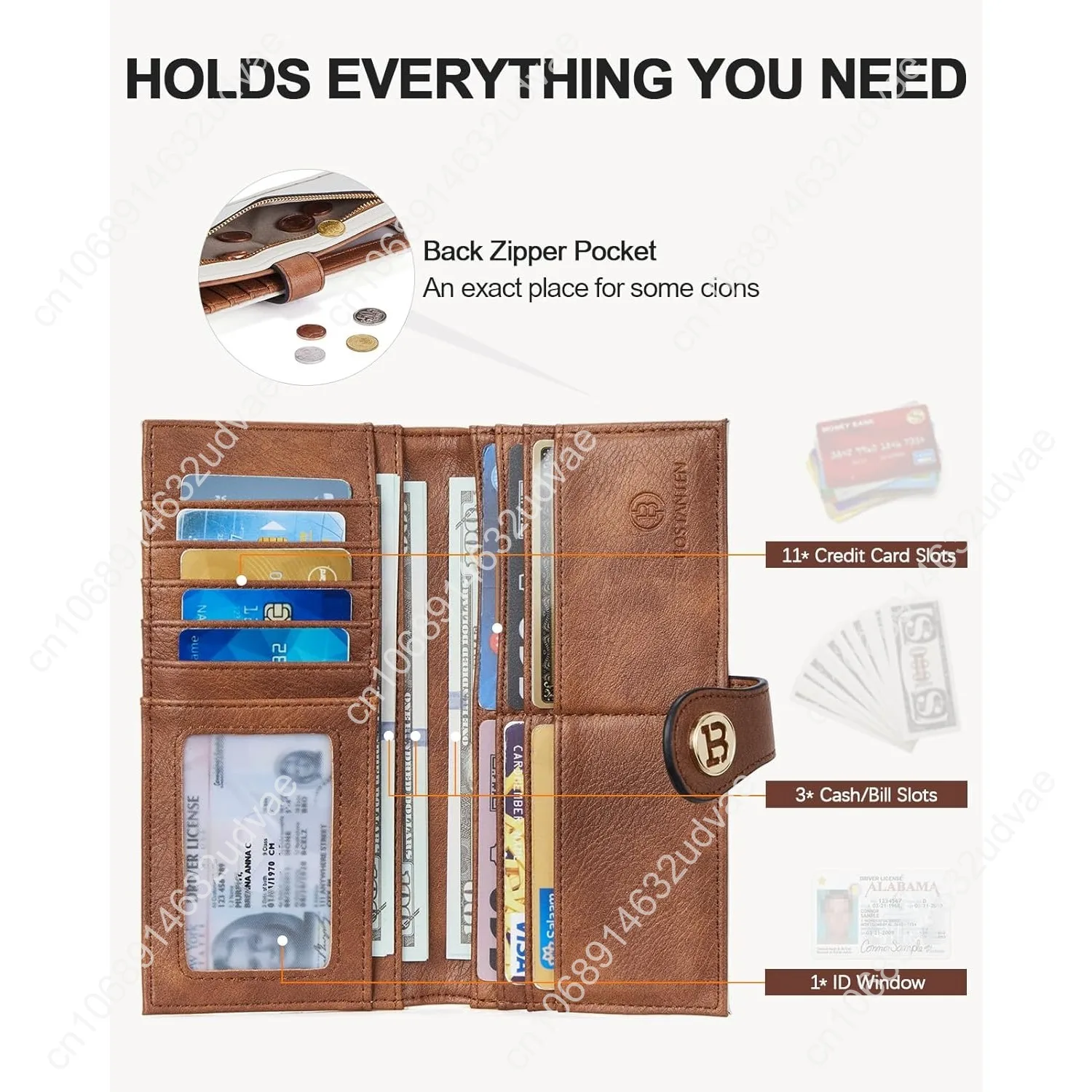 BOSTANTEN Slim Wallet Women Leather RFID Blocking Credit Card Holder Bifold Thin Wallet with Zipper Pocket Beige＆Brown