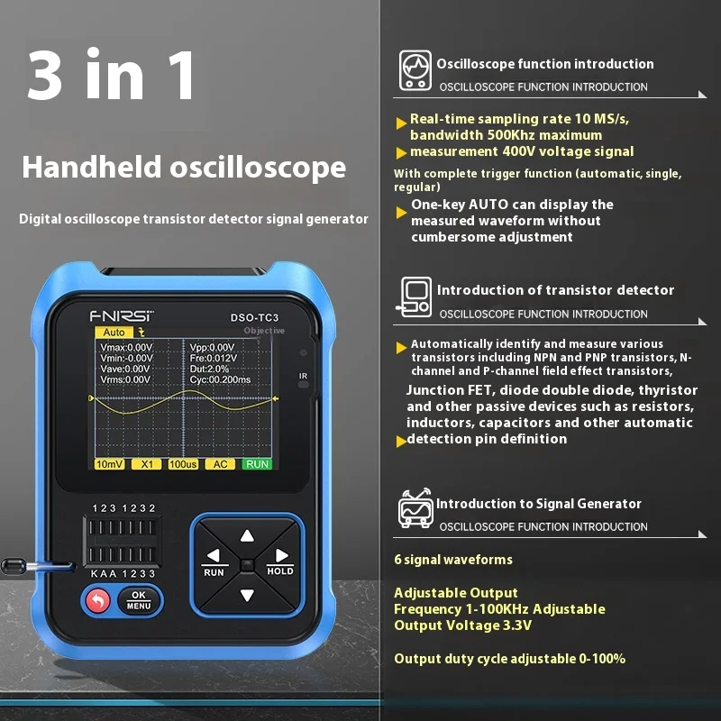 Fnirsi Dso-Tc3 Digital Oscilloscope Transistor Tester Signal Generator 3 In1 Custom 10msa/S Capacitor Resistor Diode 100k Output