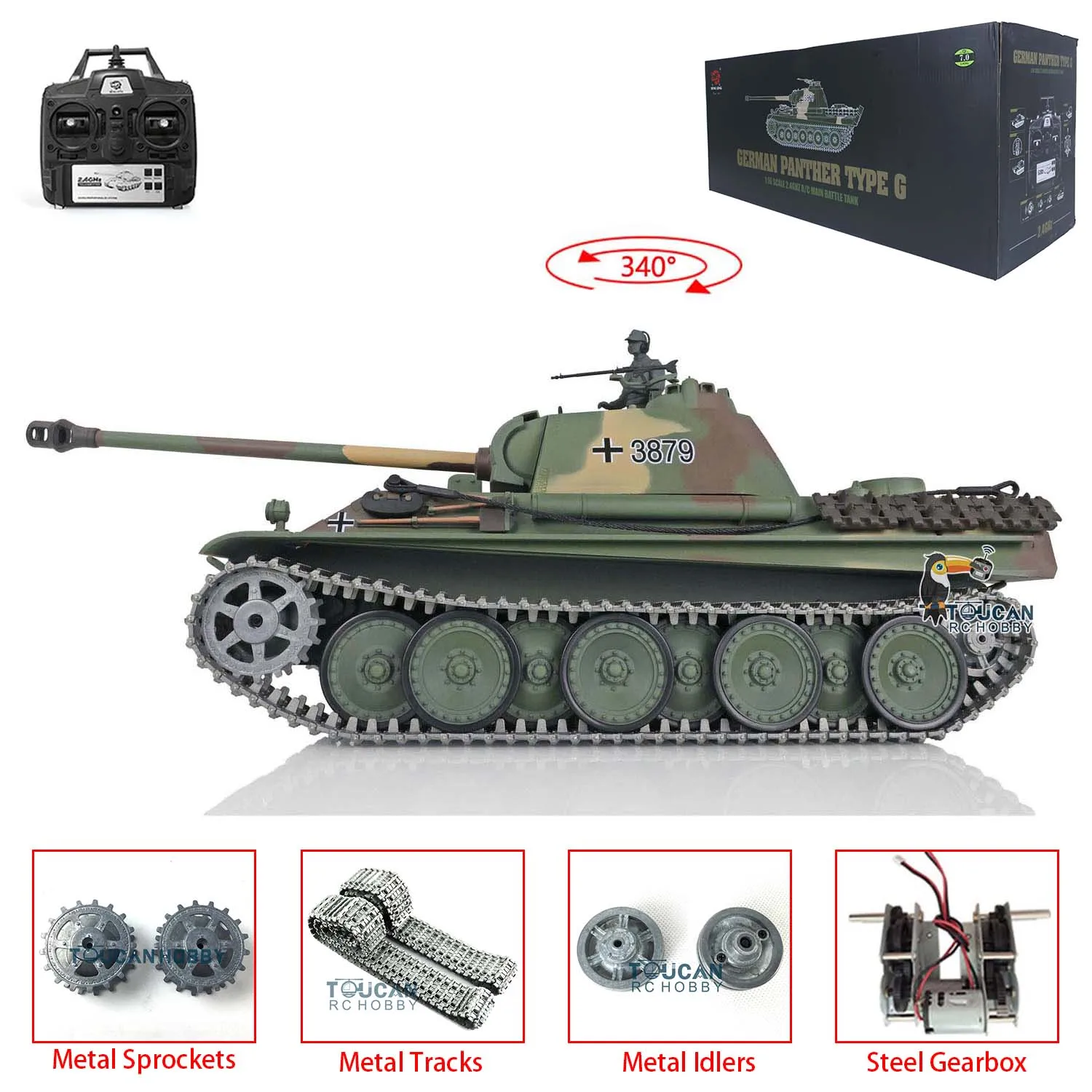 Toys Heng Long 1/16 Scale 7.0 RC Tank 3879 Upgraded German Panther G RTR Metal Tracks Remote Control Car for Boys TH17488-SMT4