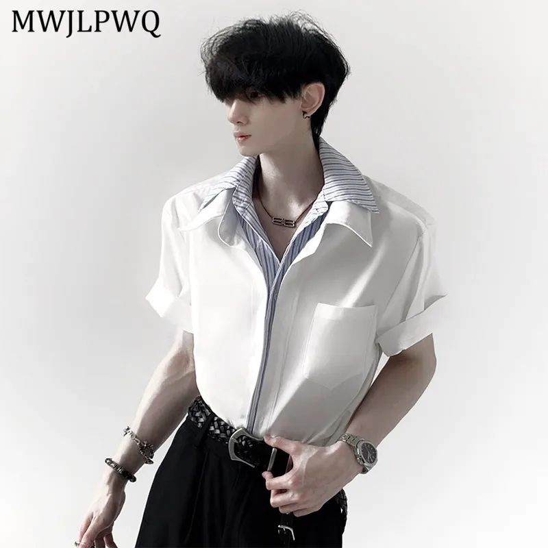 

MWJLPWQ Autumn Unique High-end Striped Patchwork Shirt Men Fake Two-piece Design Short Sleeve Lapel Jacket 2025 Trendy New 11061
