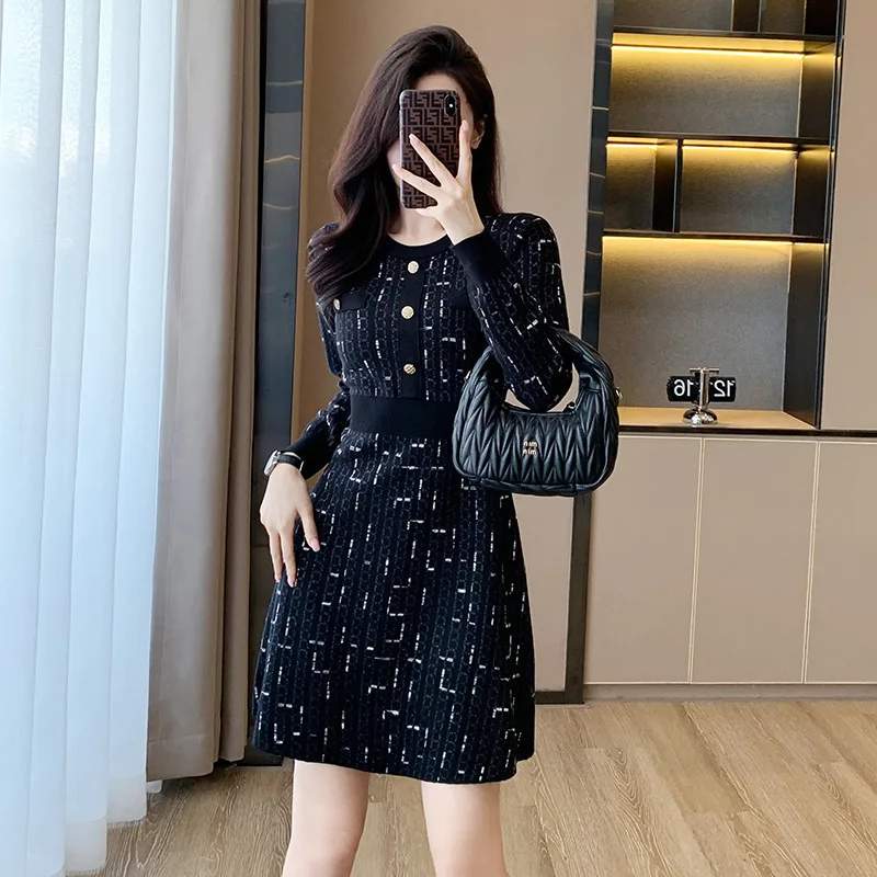 #0901 Black High Waisted Sweater Dress O-neck Buttons Office Elegant Short Dress Female Long Sleeve Stretch Knitted Dress Femme