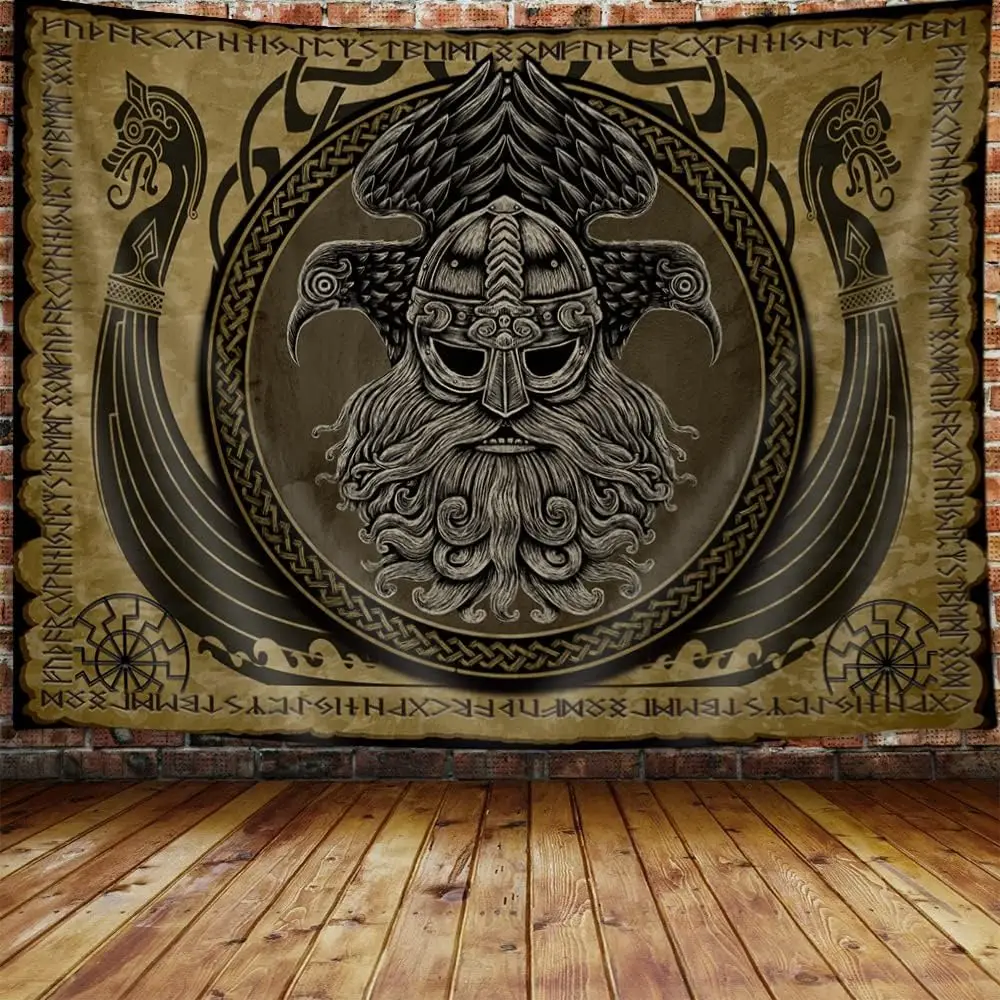 Viking Norse Decor Tapestry, Cool Odins Ravens Tapestry Wall Hanging For Men Bedroom, Norwegian Mythology Nordic Pagan Golden