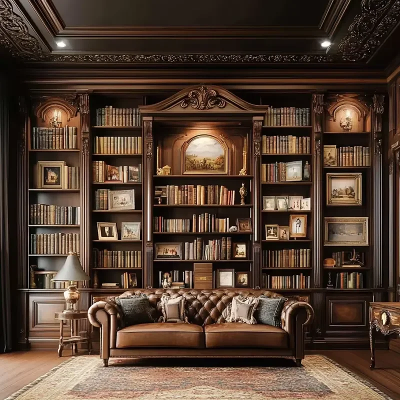 Full-House Custom Built-In Wall Wood Bookshelf Desk Integrated Study Cabinet Modular Traditional Eco-Friendly Living Room