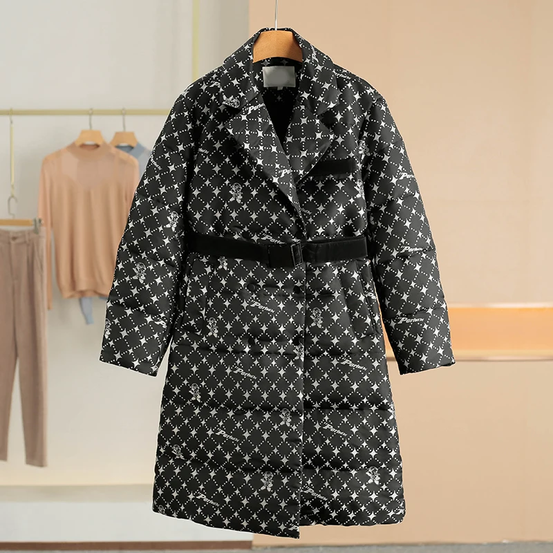 

Warm Duck down Jacket 275g Filled Letter Print Stand Collar Women's Winter Coat Thickened Outdoor Style Long Sleeve Mid-Length