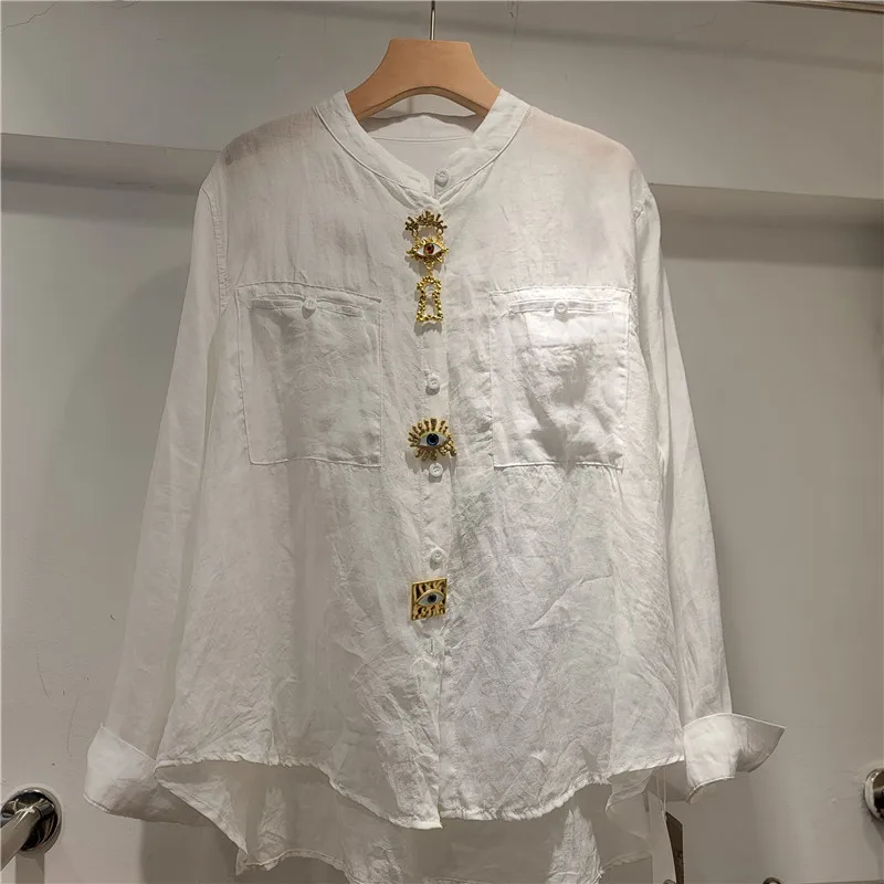 

2026 Summer New Arrival: Old Money Style Linen Long-sleeve Shirt Top with Metal Embellishments - Sun Protection Outerwear
