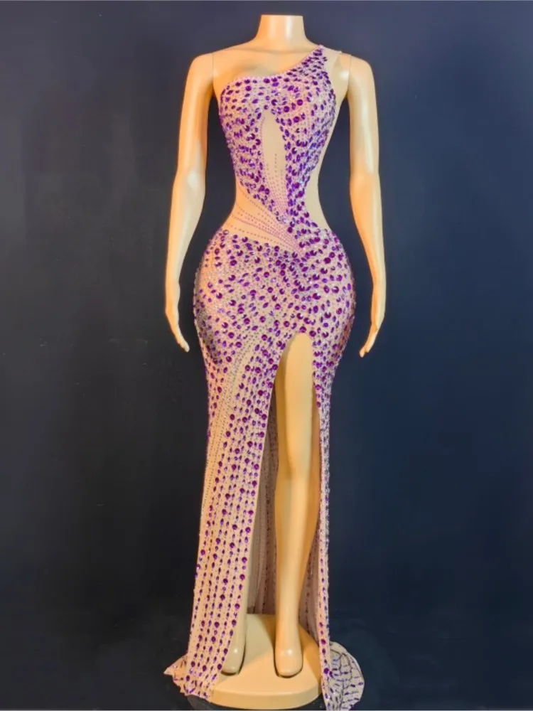 

Woman Singer Rhinestone Sexy Slimming Long Slit Dress Performance Costume