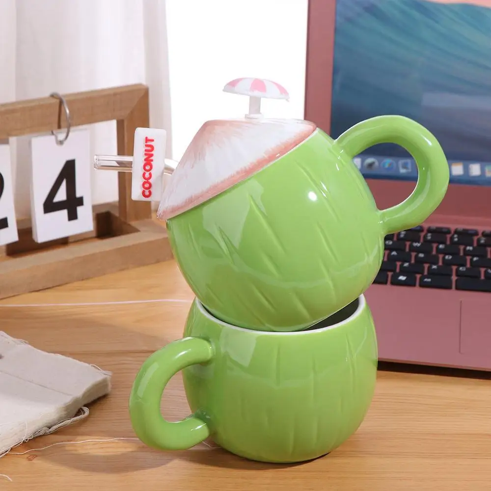 

Керамическая кокосовая кружка большой емкости, удобная ручка, удобная ручка, креативные кофейные чашки с крышкой, нескользящая, легко чистится