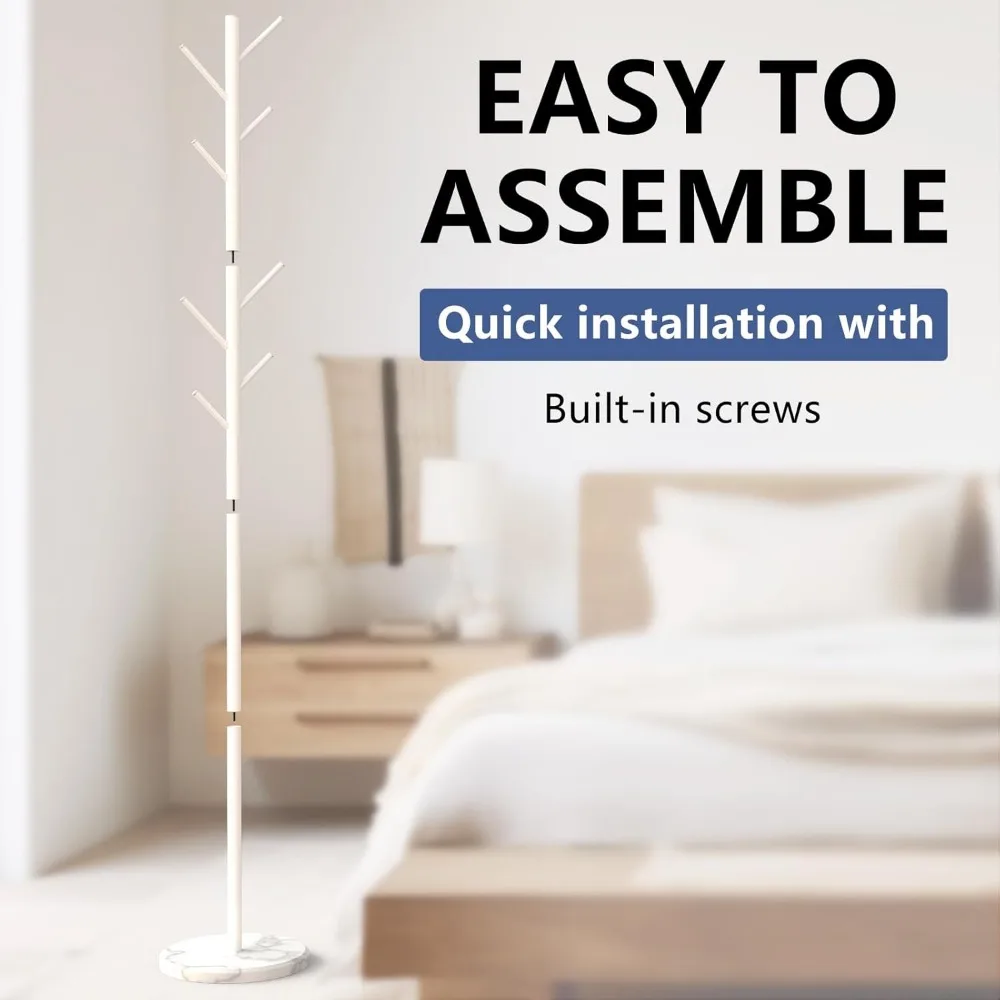 رف معطف معدني قوي قائم بذاته مع 8 خطافات وقاعدة من الرخام الطبيعي، تصميم حديث للاستخدام المنزلي أو المكتبي