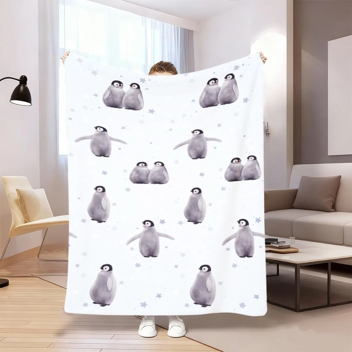 1pc Cute Baby Penguin Starry Sky Pattern Flannel TV Blanket Lightweight, Fine Craftsmanship, Anti-Tear, Vibrant Colors Refined P
