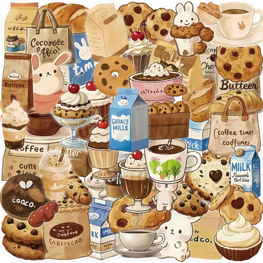 

10/30/50pcs Transparent Milk Coffee Cookies Stickers Cute Cartoon Bunny Sticker Water Bottle Phone Case Fridge Decals Decoration