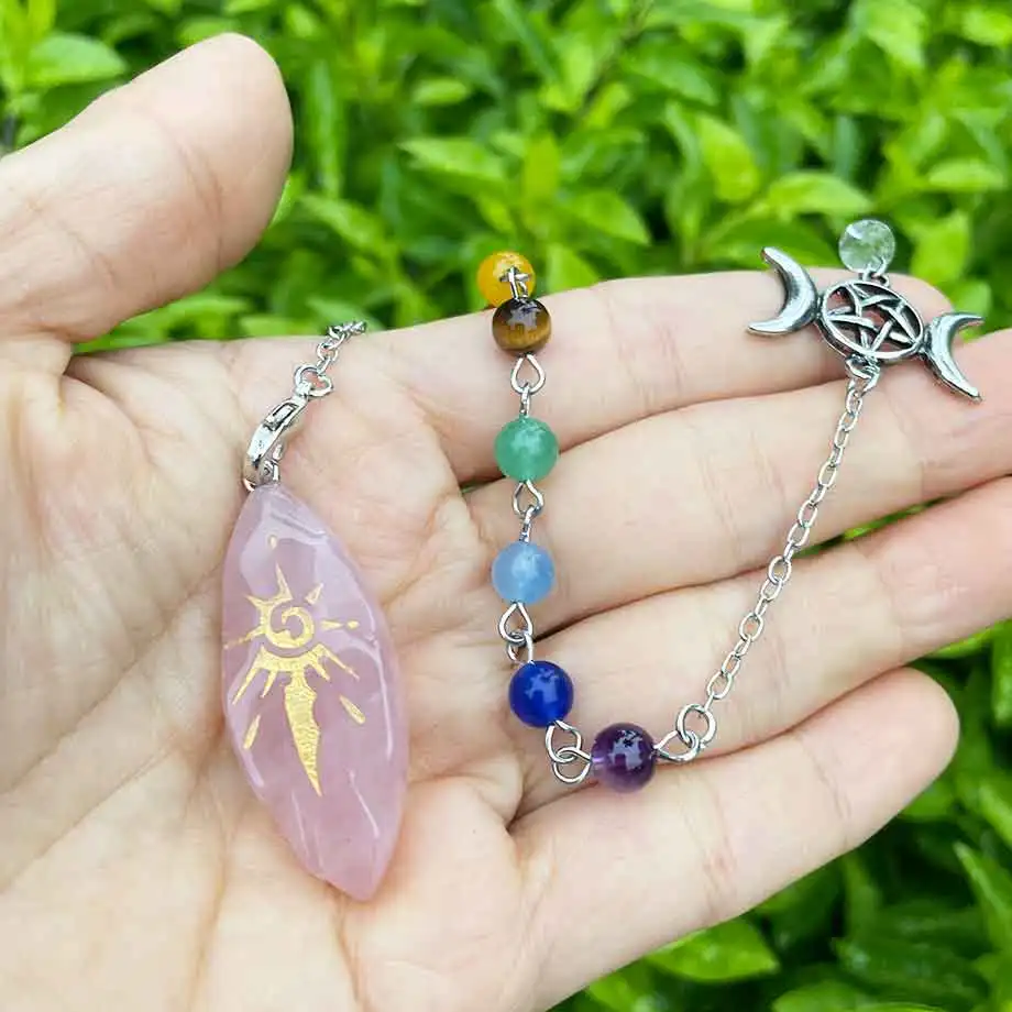 Real Irregular Crystal Pendulum for Divination Wicca Reiki Sun Symbol Pendant Clear Quartz Black Obsidian Spiritual Pendulo X246