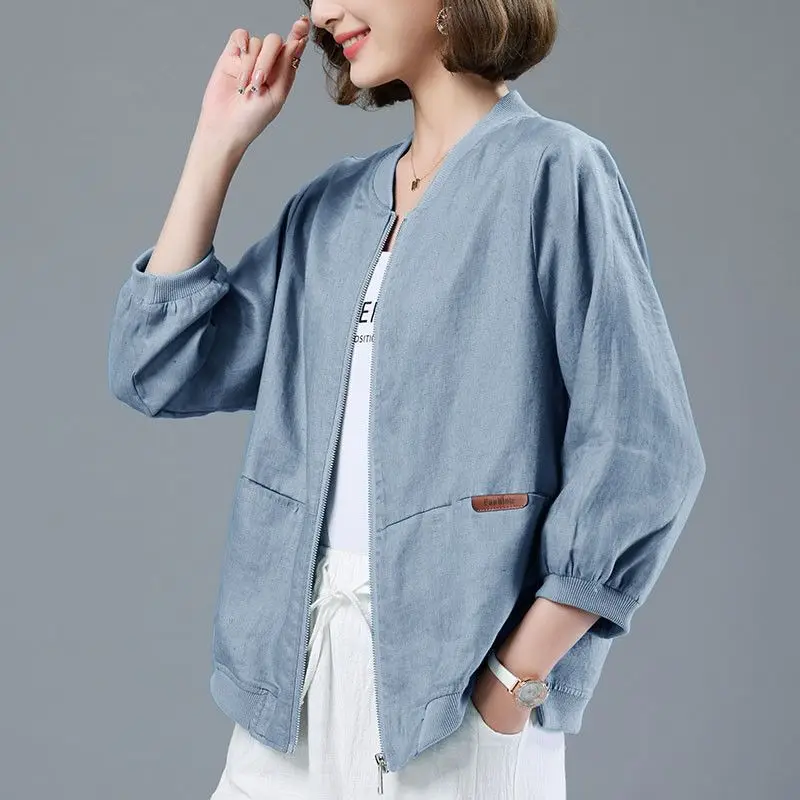 Women Korean Simple Casual Loose Baseball Jackets Autumn Solid 3/4 Sleeve Pockets Zipper Cardigan Coats Female Cotton Linen Tops