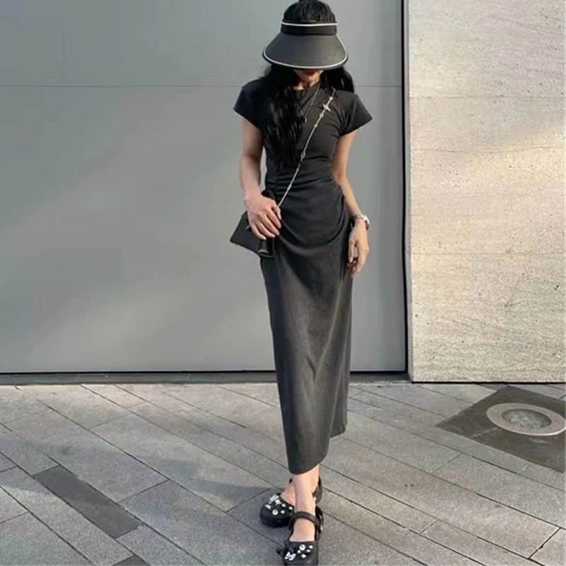 Maxi Solid Dress Women Simple Fashion All-match Casual Sexy Summer Vestidos Korean Style Popular College Temperament Ladies Chic