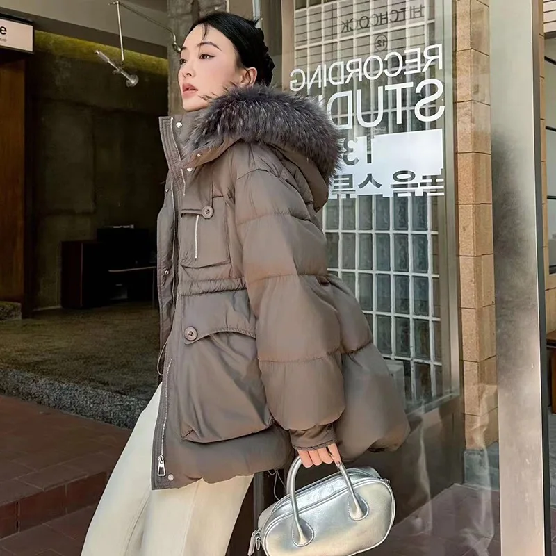 الشتاء الدافئة مقنعين الطبيعية كبيرة الفراء طوق أسفل سترة المرأة الأبيض بطة أسفل باركر أبلى الإناث الرباط سستة الستر