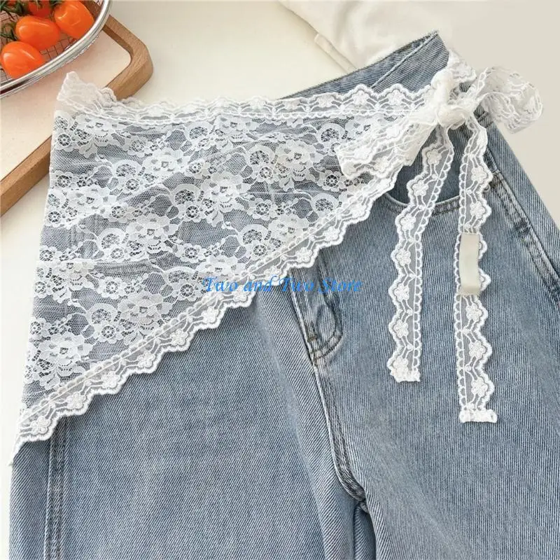 

HX6F Aesthetic Flower Lace Triangle Mini Apron Skirt Tie Up Coverup Sarong Wrap Scarf