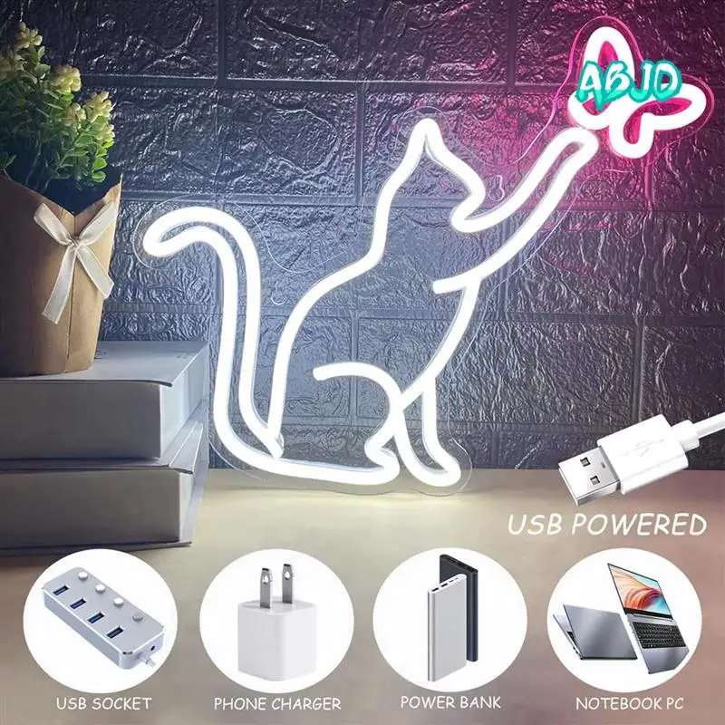 

ABJO-Cat неоновая вывеска с питанием от USB, регулируемый переключатель, бабочка, светодиодный неоновый свет, настенный декор для спальни, подарок на день рождения для девочек