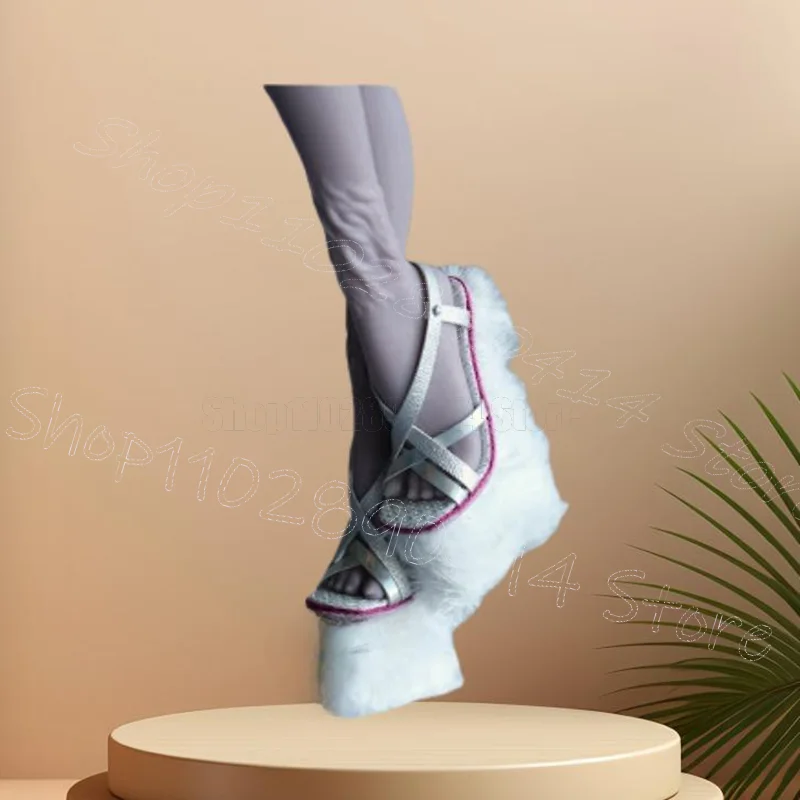 

White Wedges Heel Fur Platform Sandals Slip On Women Shoes Open Toe Novel Fashion Party Banquet Dating 2025 Zapatos Para Mujere