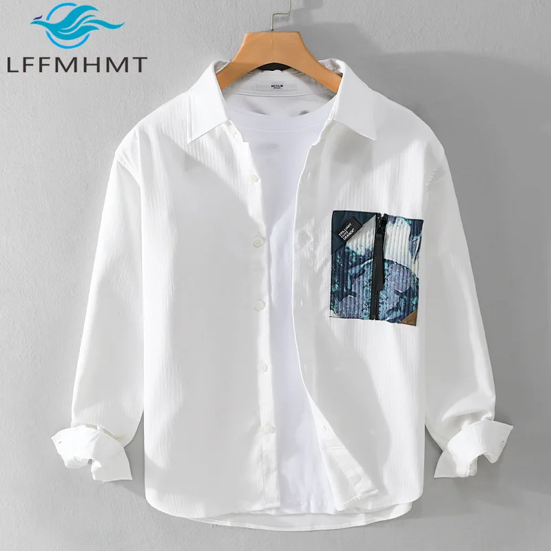 

9521 Spring Fall Fashion Long Sleeve Men's Shirt Creative Chest Patchwork Chic Lapel Blouse High Quality Loose Casual Relax Tops