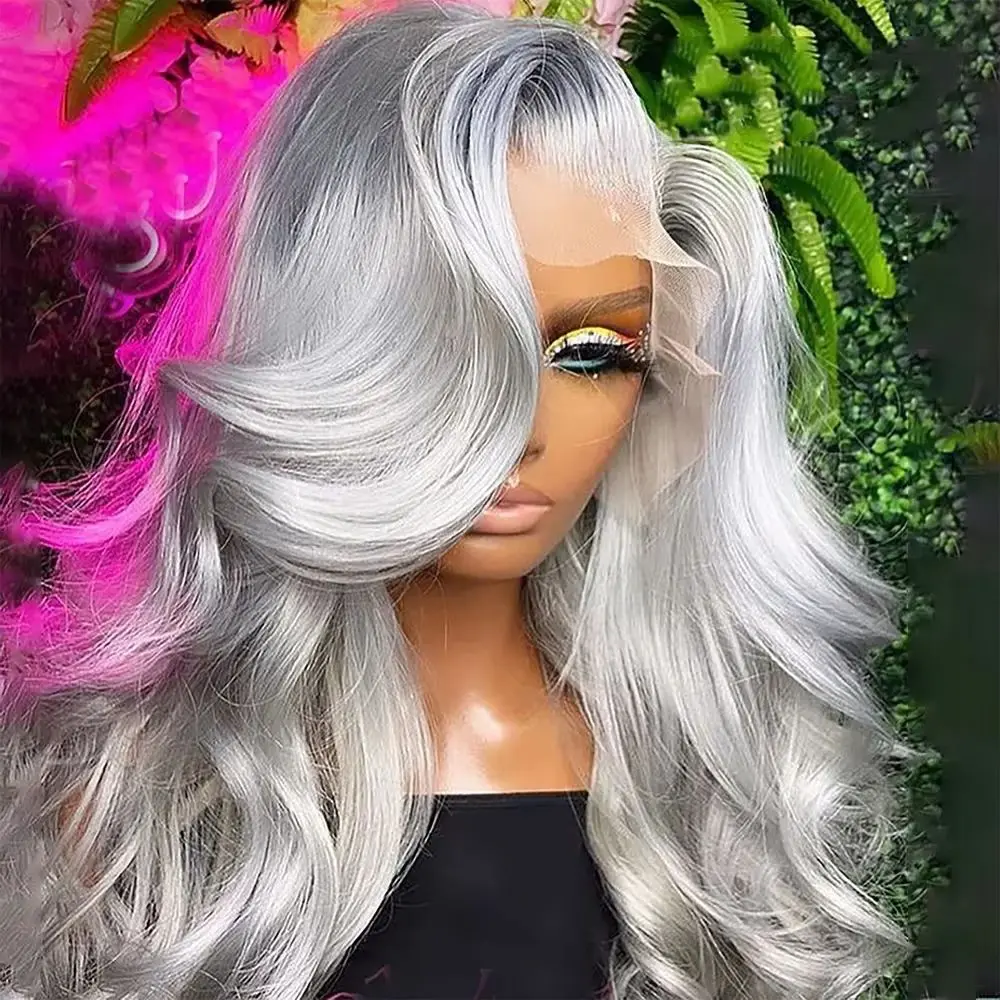 Grey Body Wave 13x4 Hd Synthetic Lace Front Wig Free Part Glueless Wear And Go Loose Wave Pre Plucked For Women Daily Use Wig