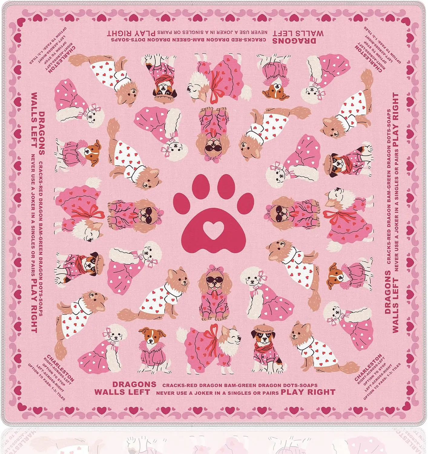 Mahjong Mat 31.5x31.5in Funky Retro Preppy Pink Dog Anti Slip Table Cover for Poker Card Tile Domino With Tote Bag
