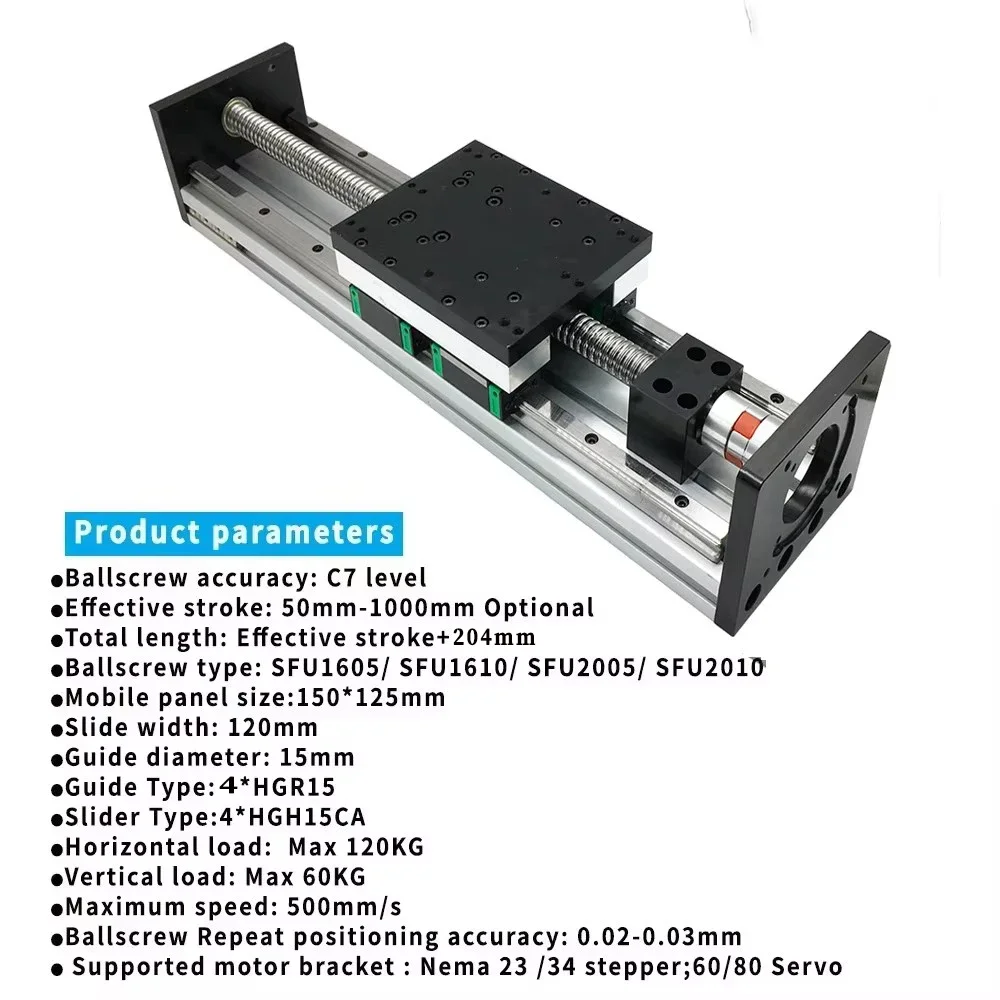 150mm Double Linear Guide Heavy Duty Linear Ballscrew Sliding Table SFU1605/2005/2010 X Y Z Axis Stage Linear Actuator 4*HGR15