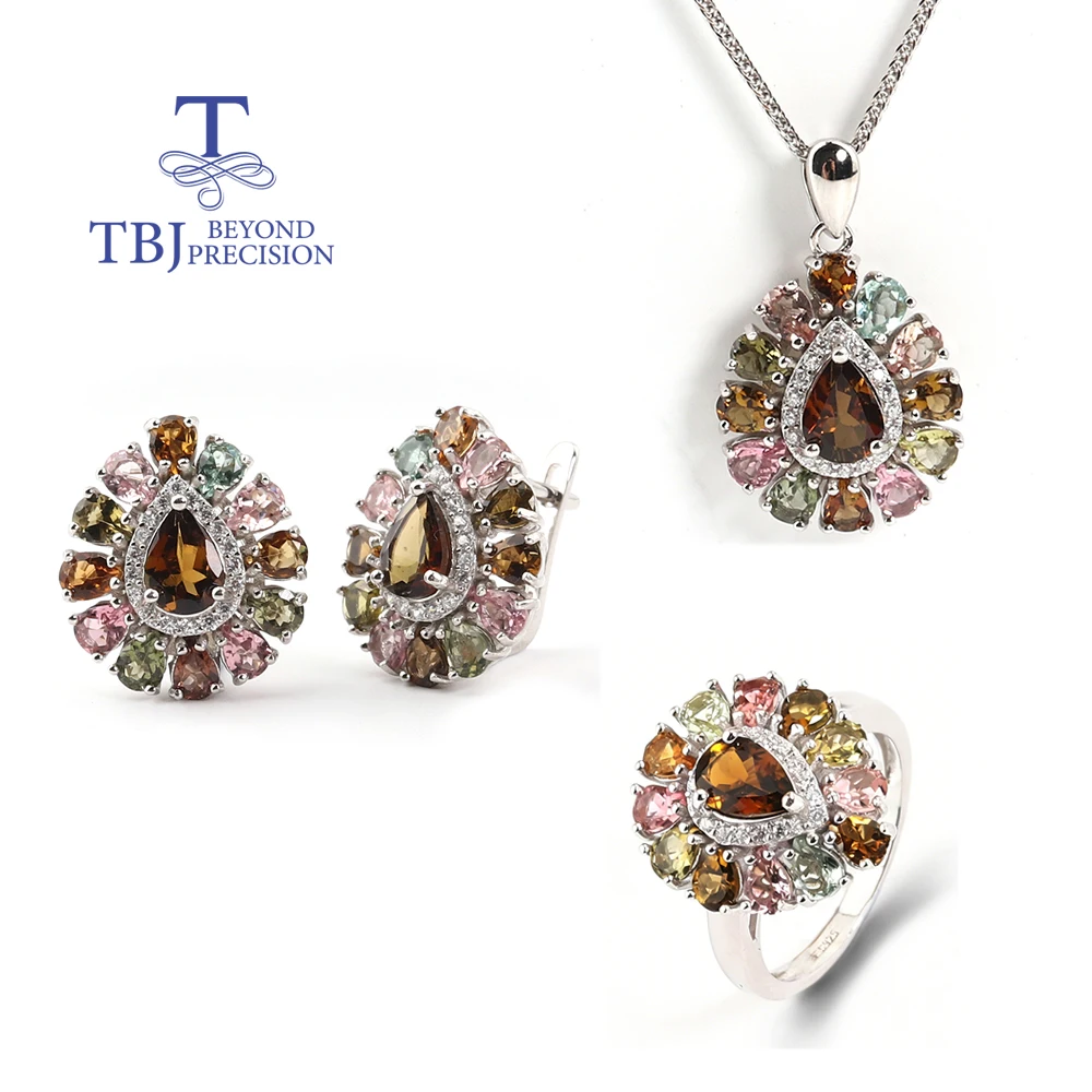 2026Light luxury fashion Multi-color Tourmaline Natural gem Women Ring Earrings Necklace Jewelry set 925 Silver Anniversary gift