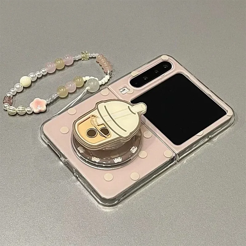 Cute Milk Tea Cup Magnetic Stand Pink Phone Case For Samsung Z Flip7 ZFlip6 ZFlip5 /OPPO N3 Flip/Mix Flip / PuraX Foldable Cover