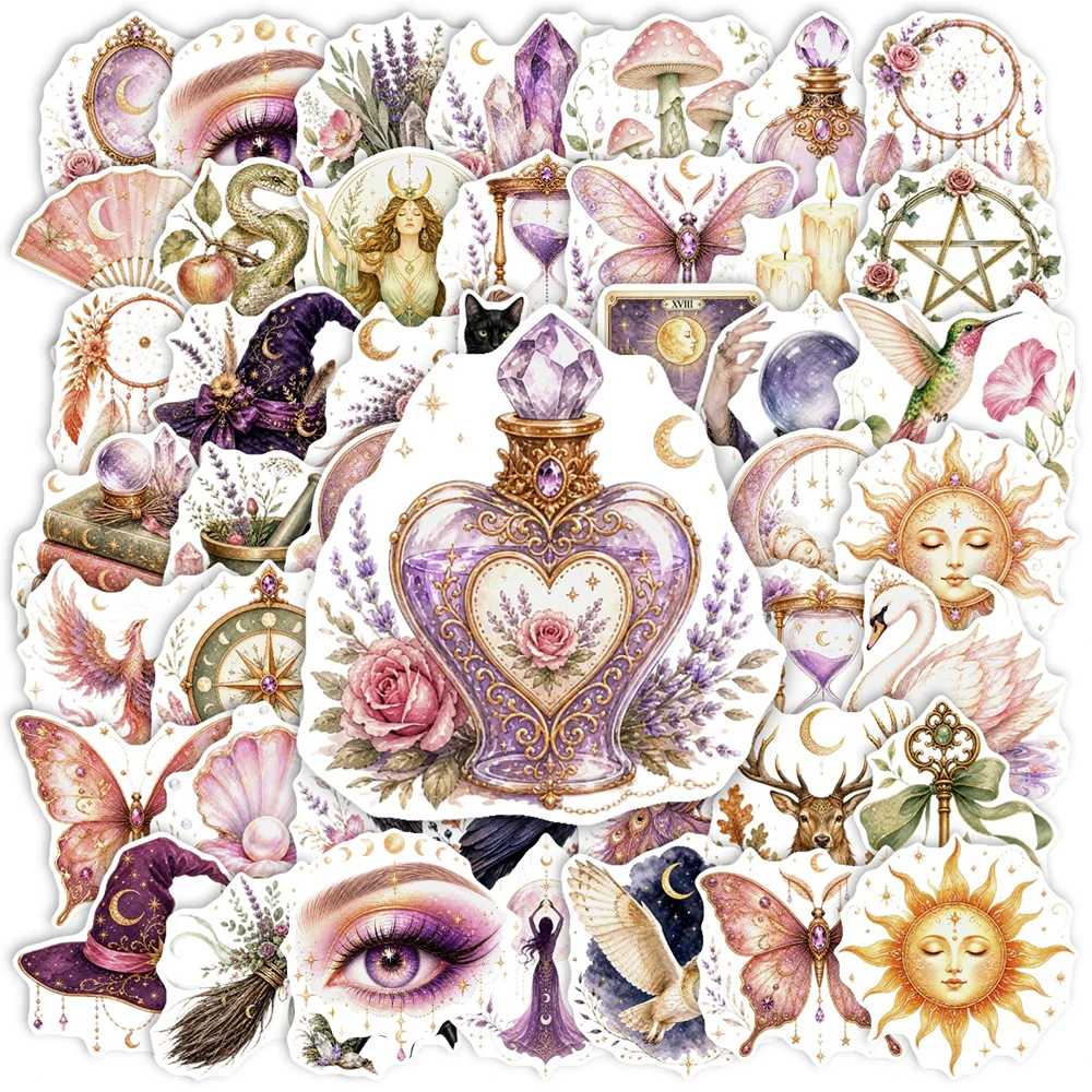 10/30/50pcs Magic Witch Vintage Aesthetic Stickers Decorative Luggage Notebook Suitcase Cool Colorful Moon Pink Aesthetic Decal
