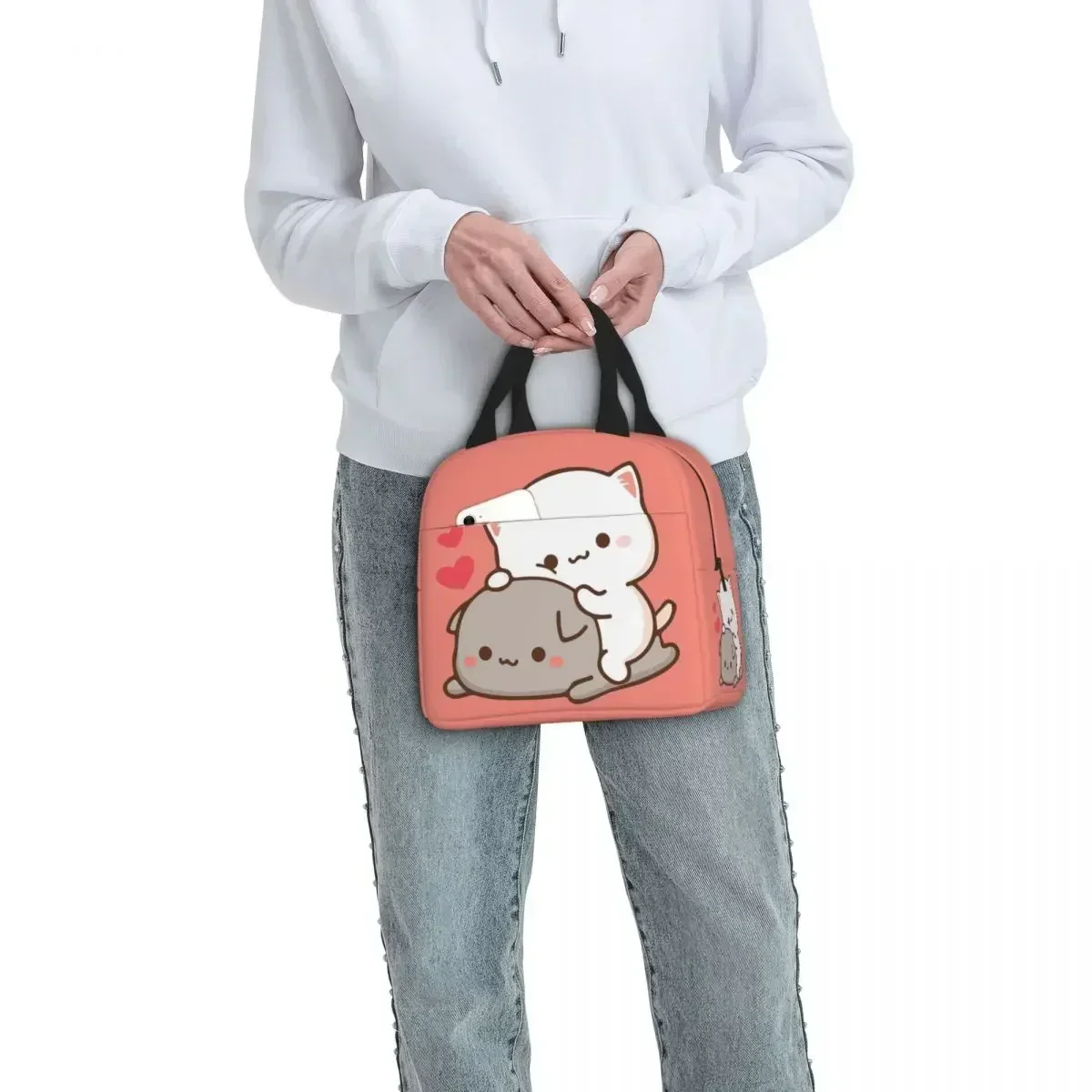 Peach And Goma Insulated Lunch Bag High Capacity Cute Mochi Peach Cat Lunch Container Cooler Bag Tote Lunch Box Beach Travel