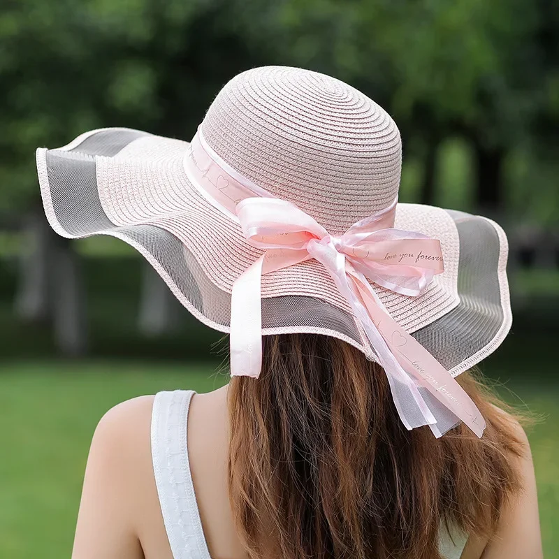 Summer large brimmed beach hat women\'s lace brimmed sun hat Outdoor wavy brimmed sun shade straw cap