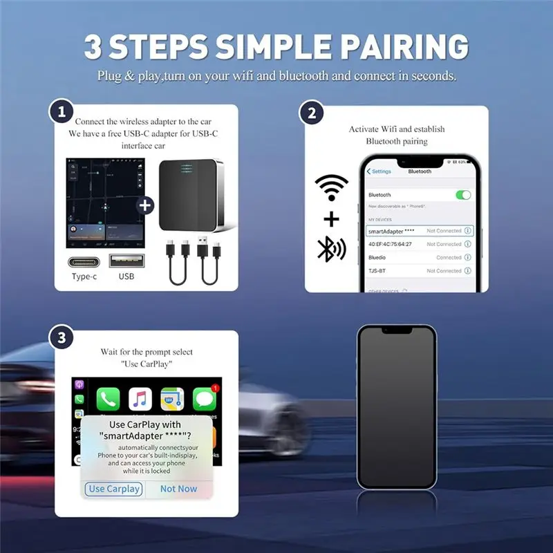 Adattatore Wireless Carplay A71Z, Plug and Play da Cablato a Wireless, Compatibile con Auto dal 2015 e per iOS 10+