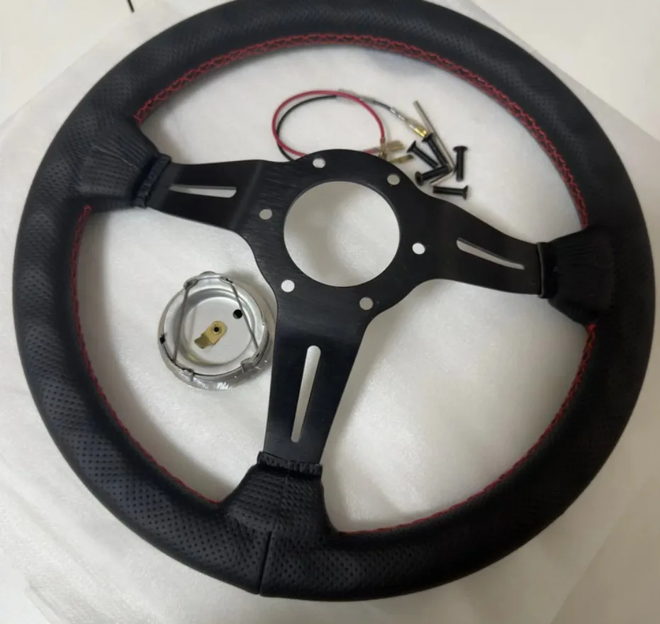 13inch 320mm Universal Steering Wheel Leather Red Stitch Classic Style Sports Racing Horn Button