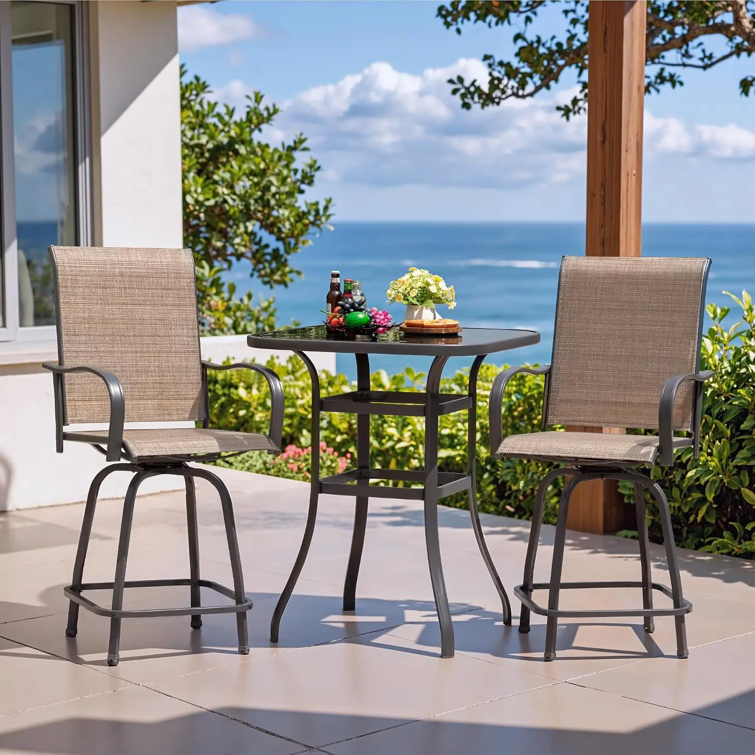 Outdoor Swivel Bar Set 3 Pieces High Top Table & Stools Textilene Sling Fabric for Garden Balcony, Customized