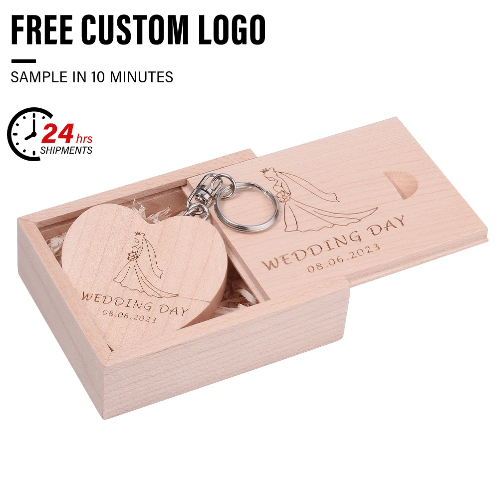 JASTER Free Custom Logo USB Flash Drive 128GB Wedding Gift Memory Stick 64GB Heart Pen Drive 32GB Wooden External Storage 16GB