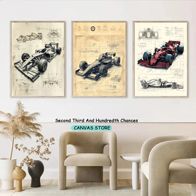 Vintage Racing Car Blueprint Motorsport Engineering Print Race Car Technical Drawing Poster Canvas Painting Wall Pictures Decor