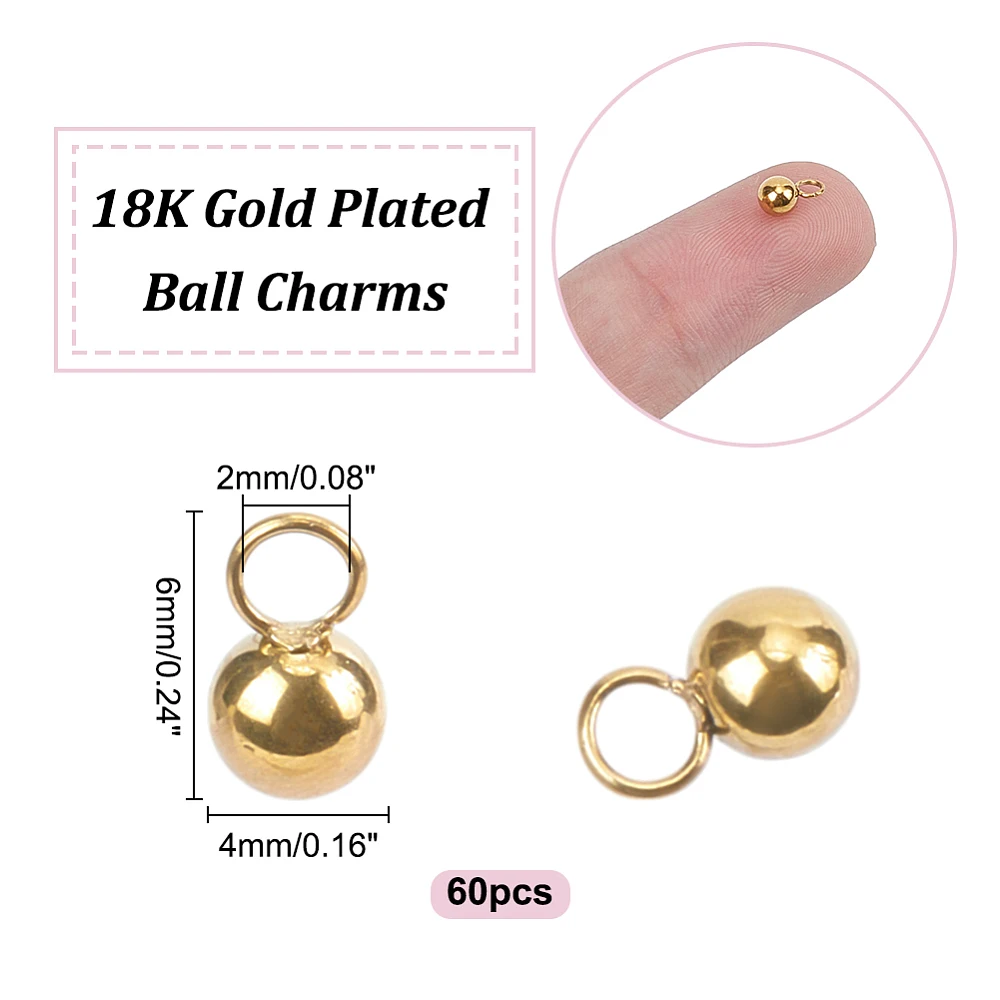 60Pcs Stainless Steel Ball Charm 18K Gold Plated Small Ball Charms Gold Dangle Balls Charms Round Metal Dangle Charm