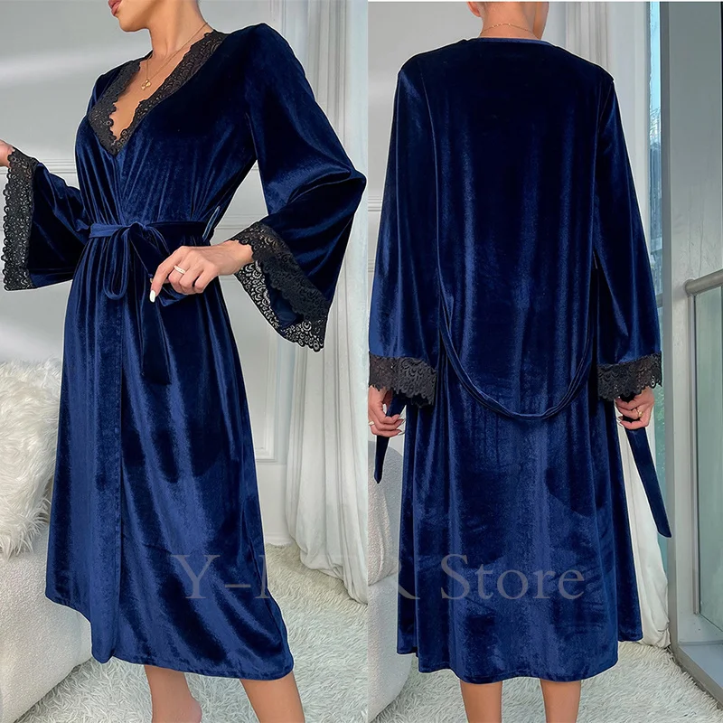 Sexy Lace Up Velour Long Robe Nightwear Women\'s Sleepwear Burgundy Kimono Bathrobe Gown Intimate Lingerie Autumn New Homewear