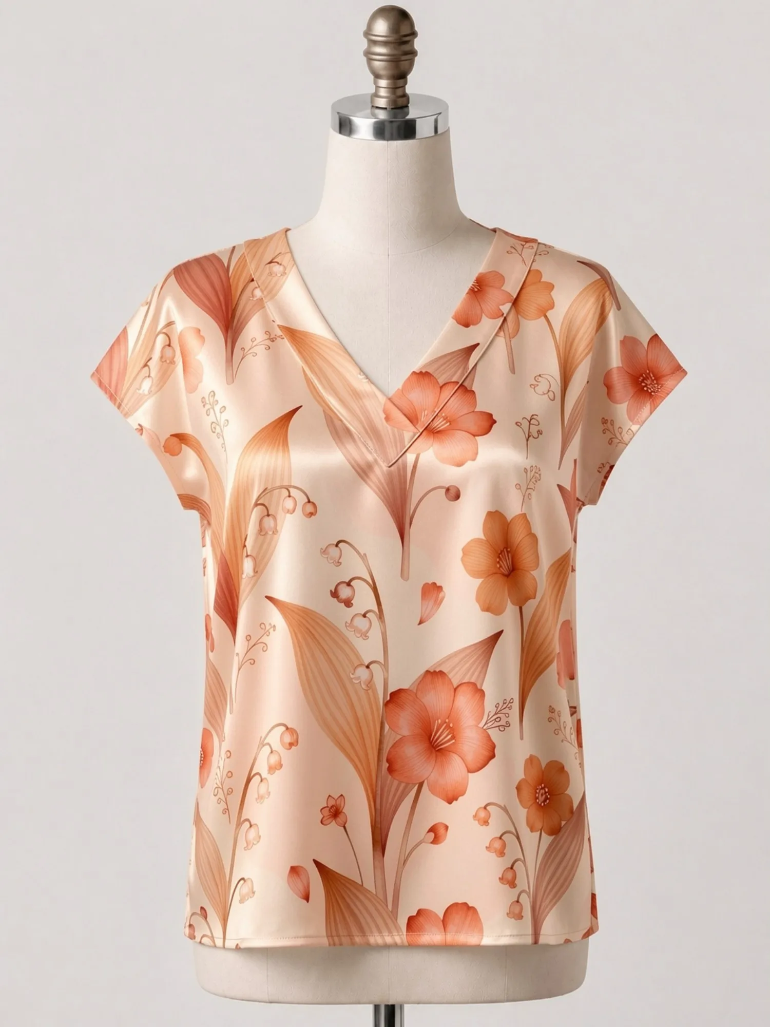 Floral Satin V Neck Top for Women Cap Sleeve Pullover Draped Fit Silky Travel Cafe Leisure Wear Lightweight Breathable Versatile