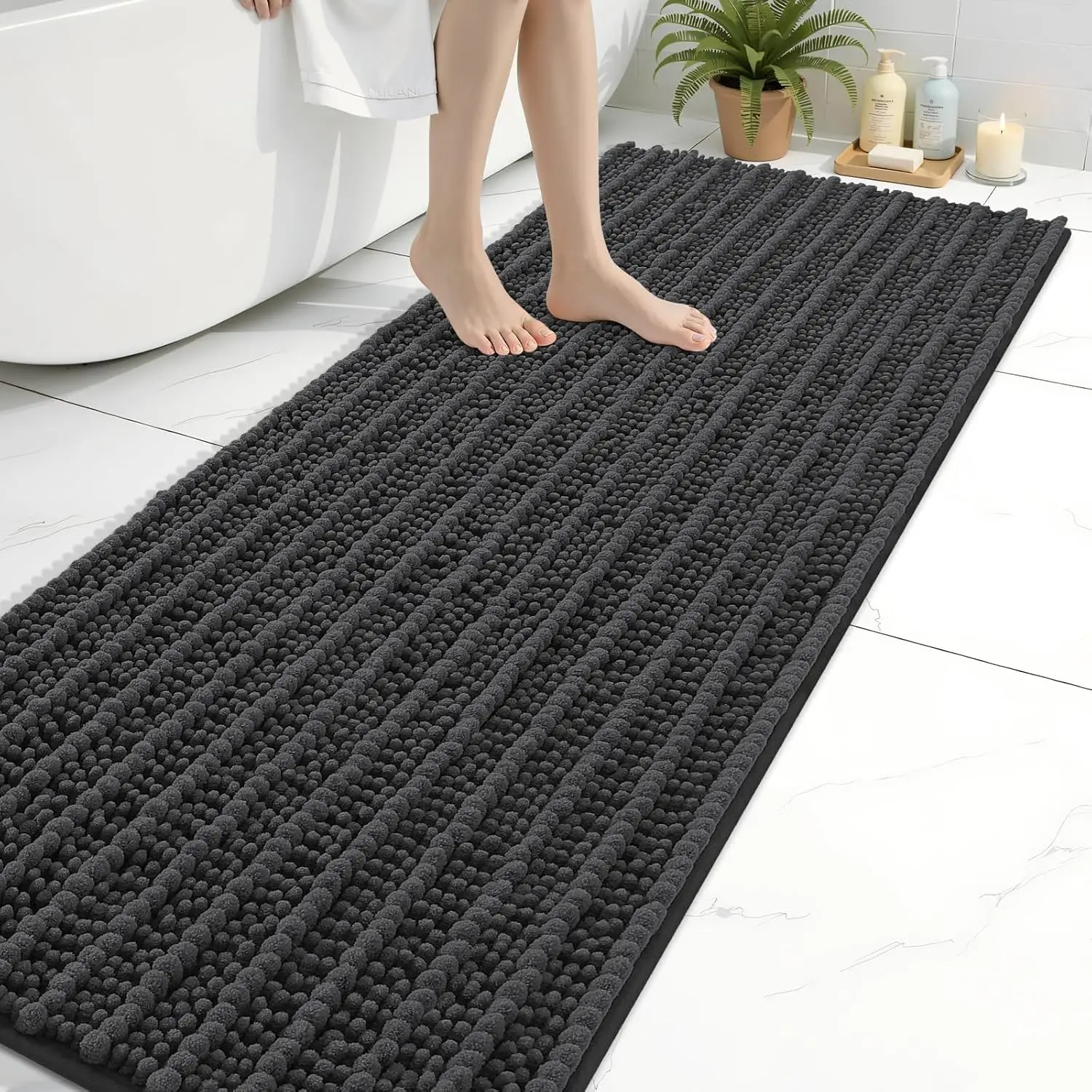 

Extra Soft Thick Absorbent Shaggy Chenille Bath Rugs 70x24, Non-Slip Machine Wash Dry Bath Mats for Bathroom Floor, Tub and Shower, Home Decor, Dark Grey