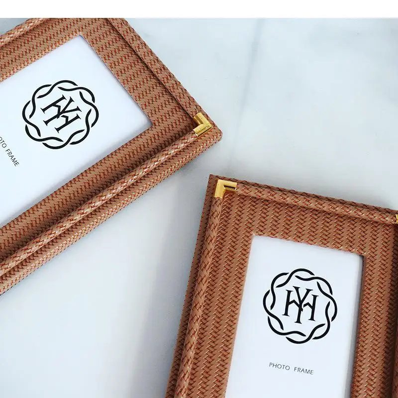 Brown Weave Leather Photo Frame Minimalist Frames for Pictures Desk Decoration Figures Portrait Framed Art Modern Home Decor