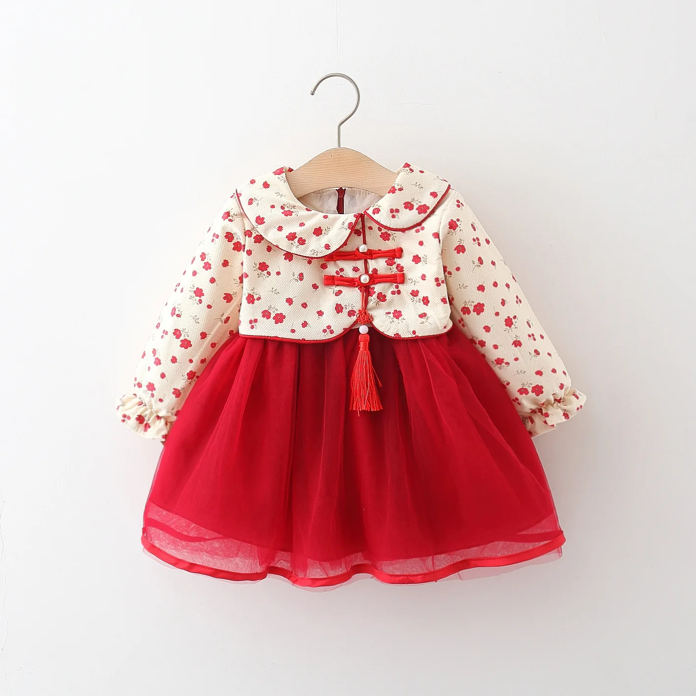 Baby Mädchen Kleid Chinesischen Stil Cheongsam Blumendruck Langarm Rot Mesh Kleid Mädchen Traditionelle Festival Kostüm